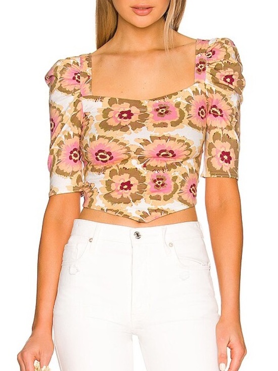 Free People Tops - Free People Floral Square Neck Puff Sleeve Crop Top Pink Tan Floral Size Small